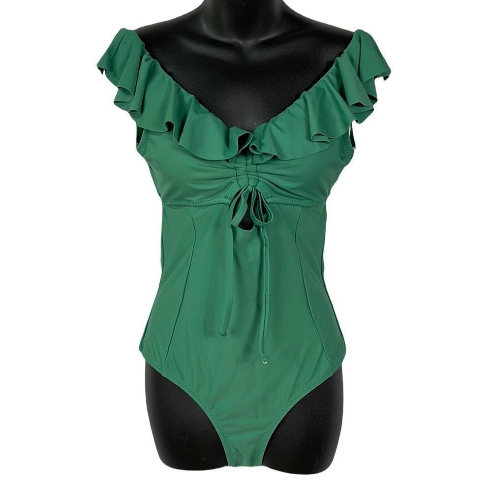 Cupshe One Piece Green Swimsuit Ruffles Keyhole Low Back Size M NEW